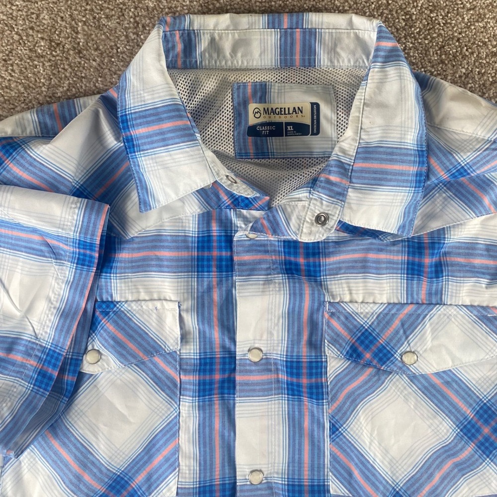 Magellan Outdoors Pecos Ridge Blue Plaid Fishing Camp Shirt Mens XL Pearl Snap